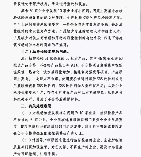 2017防水卷材專項督查結果：10家企業(yè)有問題！5批次產(chǎn)品不合格！